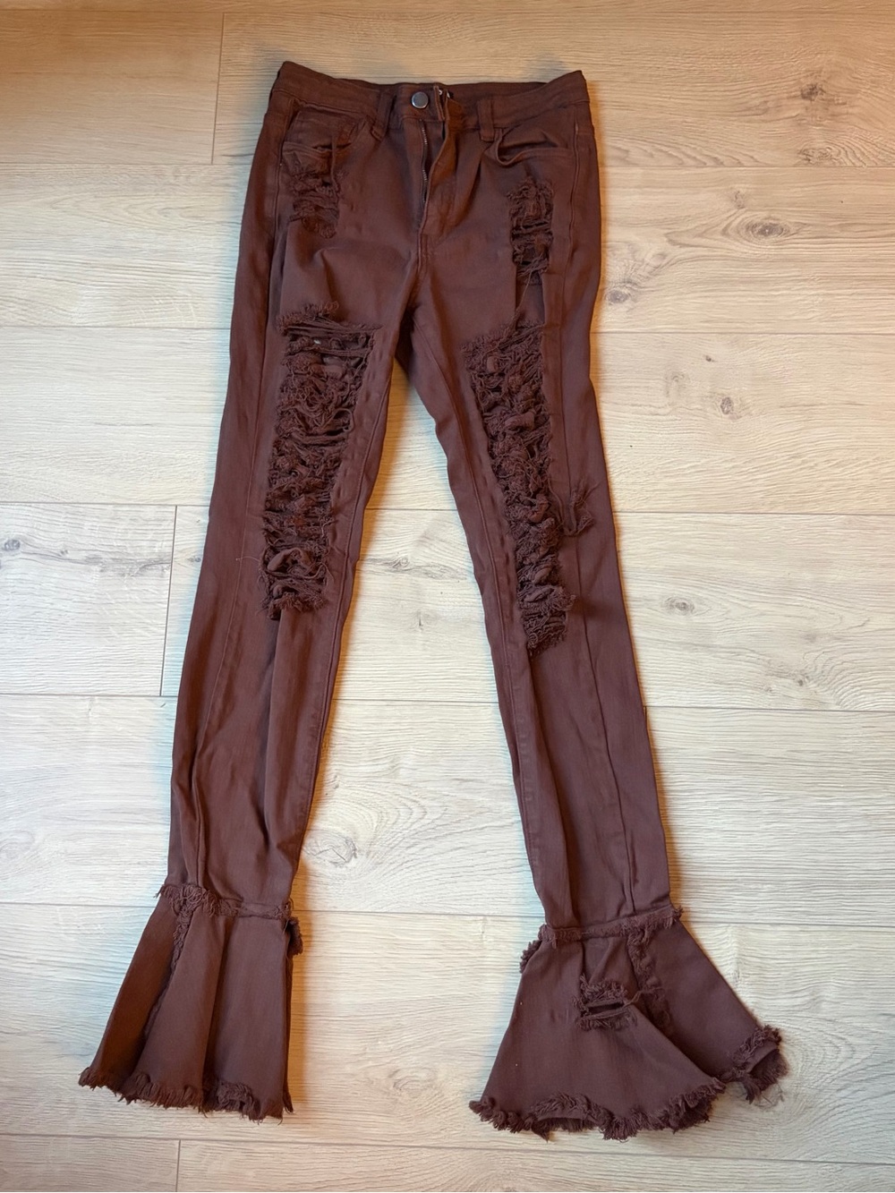 Fashion Nova Brown Distressed Flare Jeans with Ruffle Hem